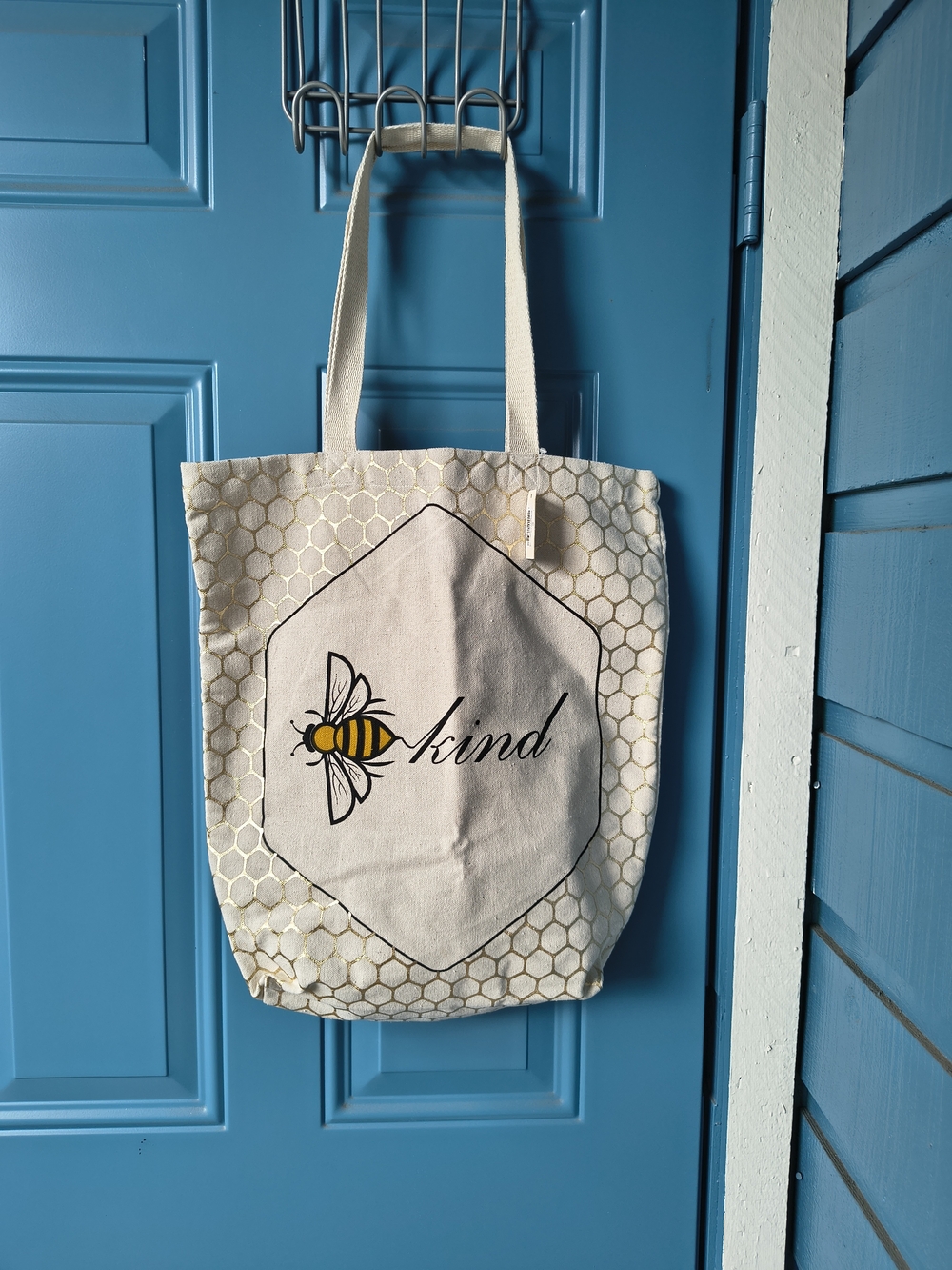 Cost Plus World Market Cream Canvas Tote with Yellow Bee Accent